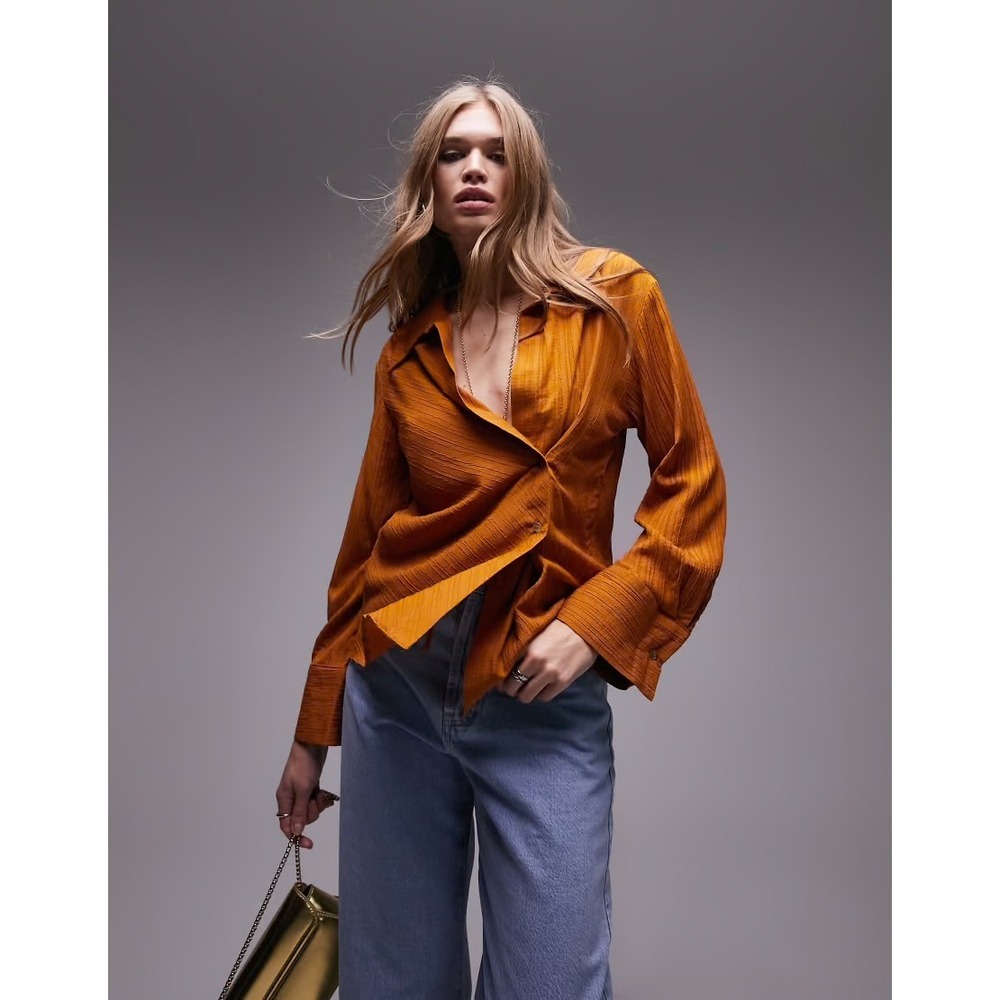 NEW Topshop Mustard Blouse Textured Wrap Front Long Sleeve Collared‎ Size US 6